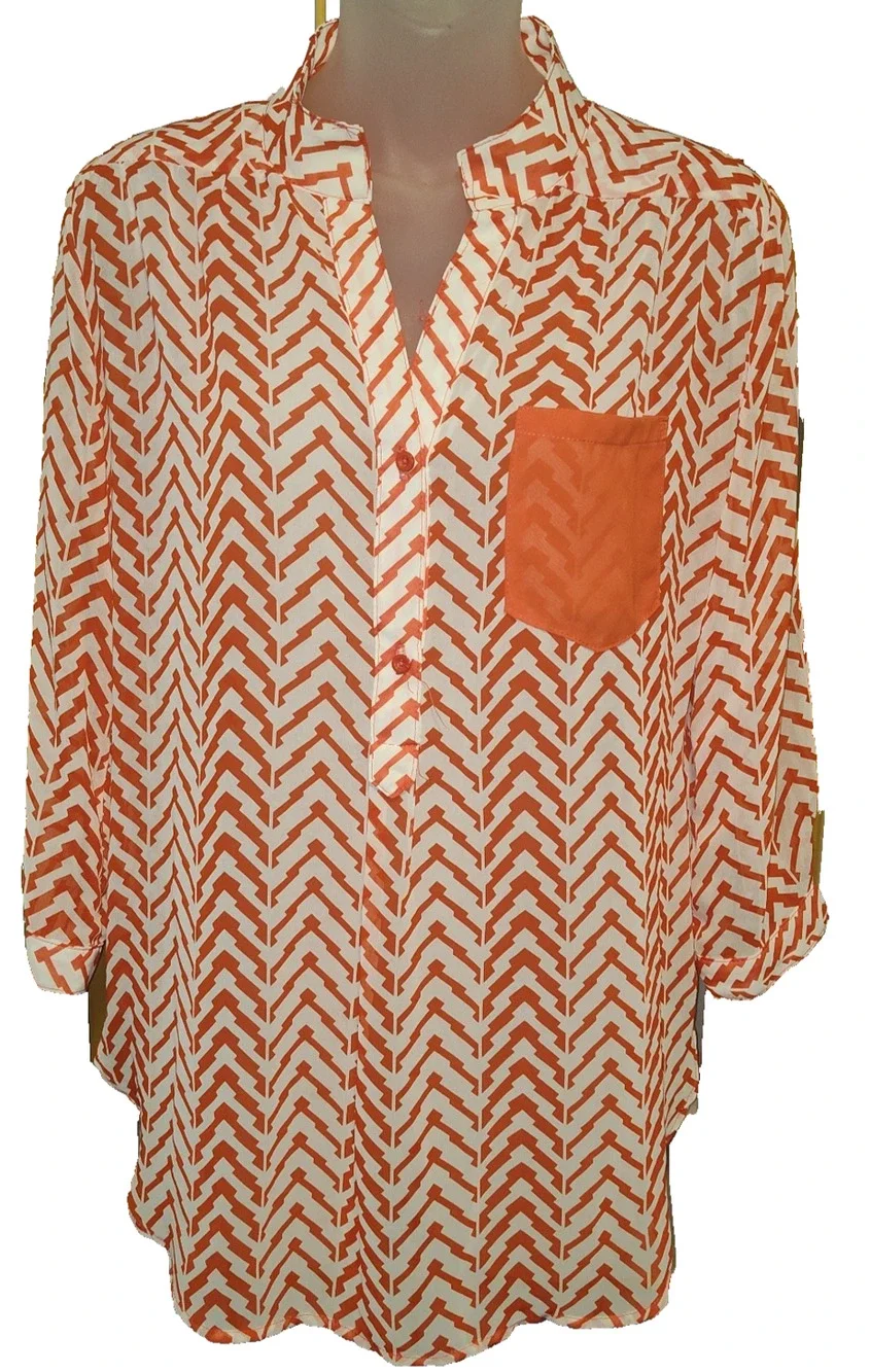 XTAREN Women’s White Orange Chevron Long Sleeve Button Front Top Size S BG28 - Picture 1 of 4